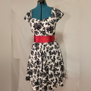 Hell Bunny Vixen Black Floral White Dress w/ Red Sash US M